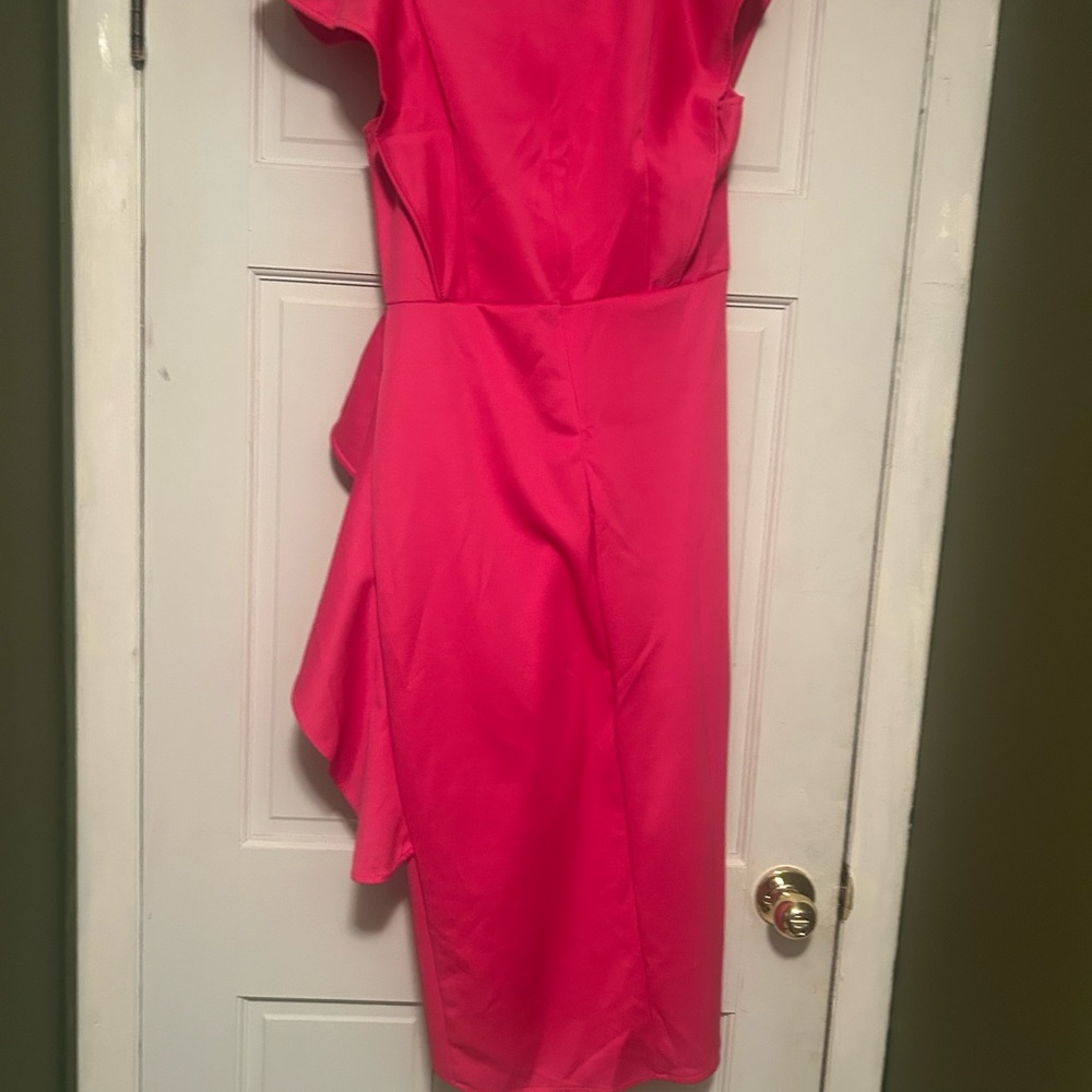 Pink Asymmetrical Sheath Dress with Flutter Sleeves